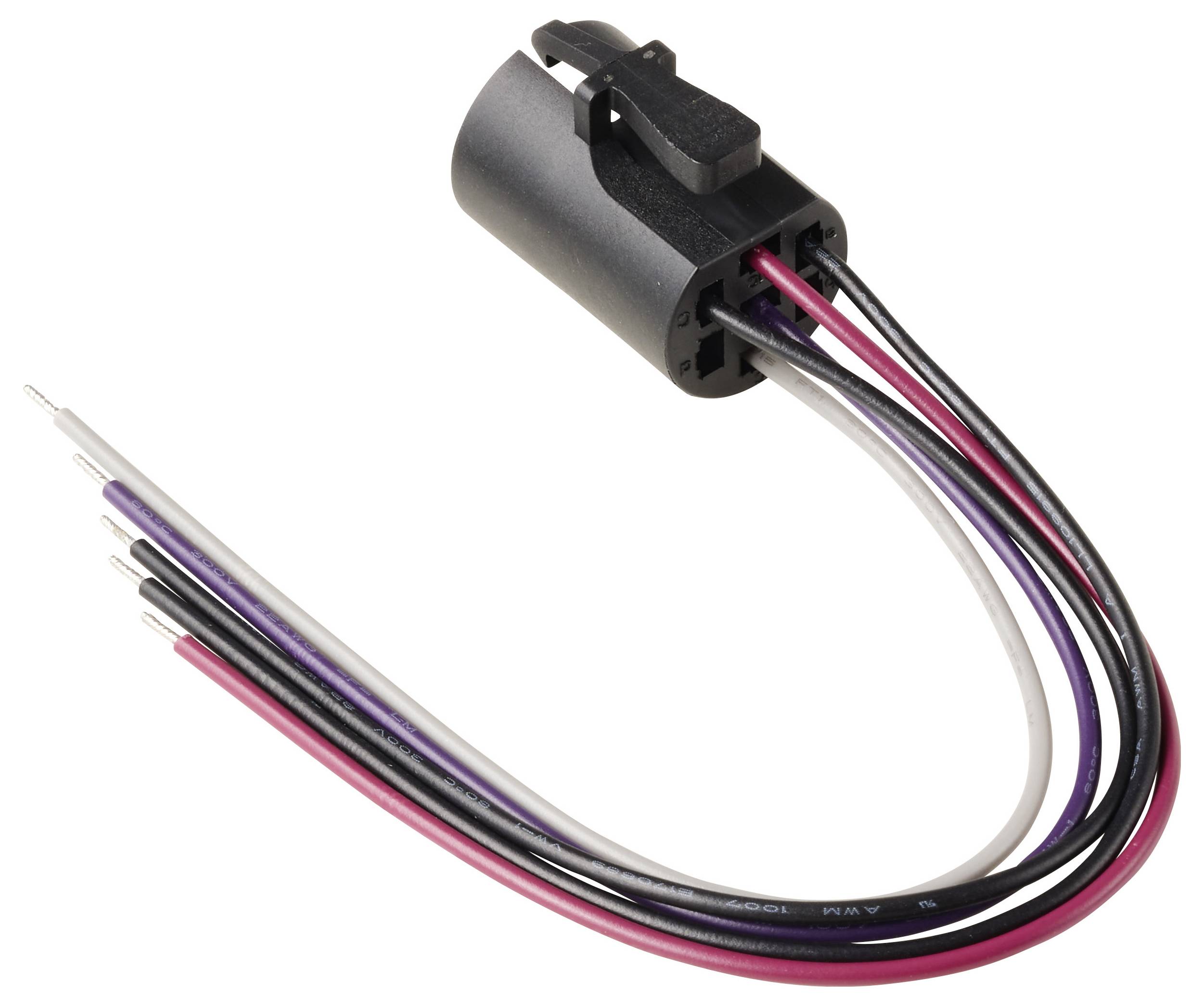 'A cylindrical connector with five attached wires in black, purple, red, white, and grey, used for electrical connections.'