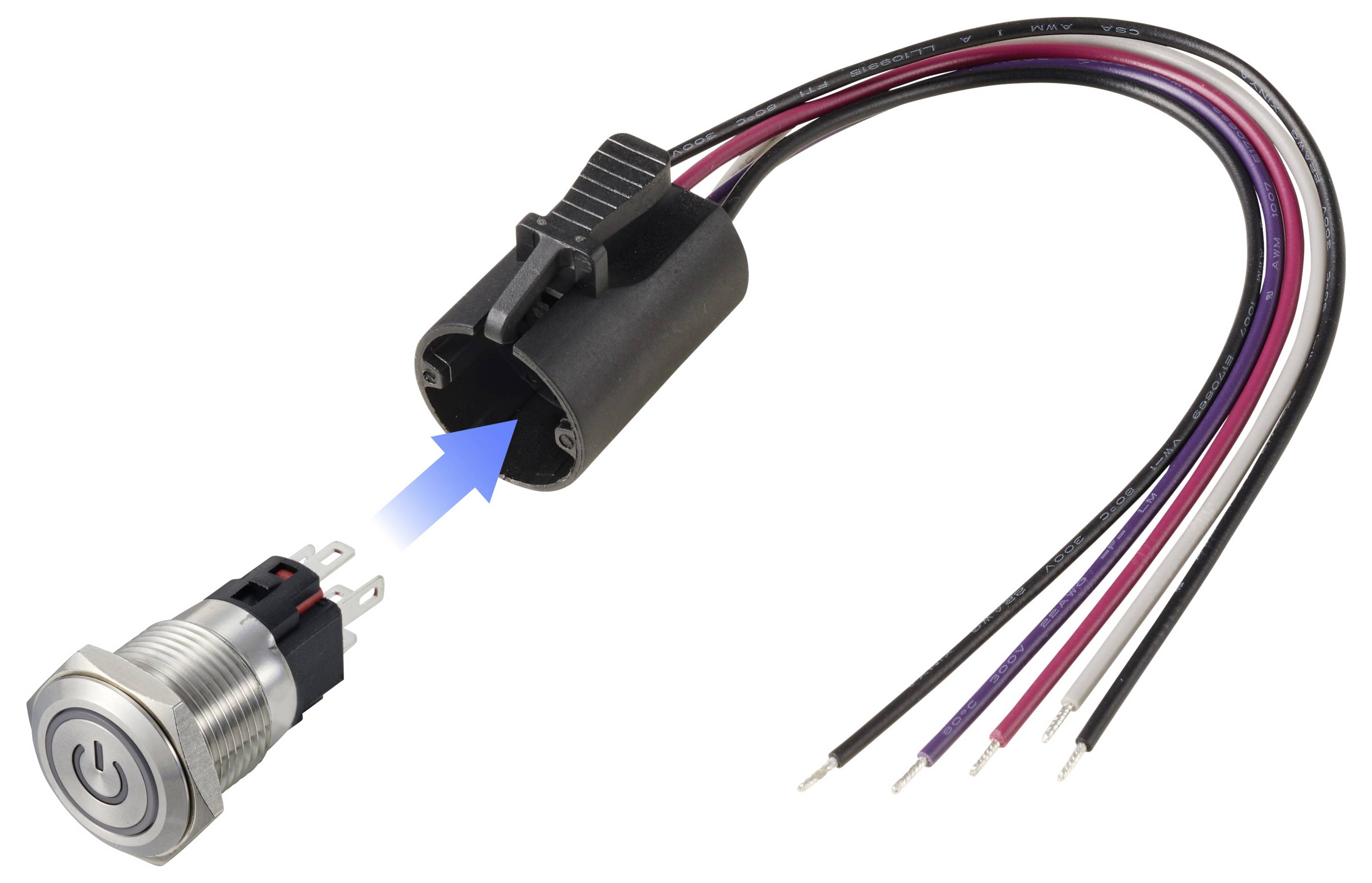 'Push-button switch with power symbol, four colored wires, and a connector.'