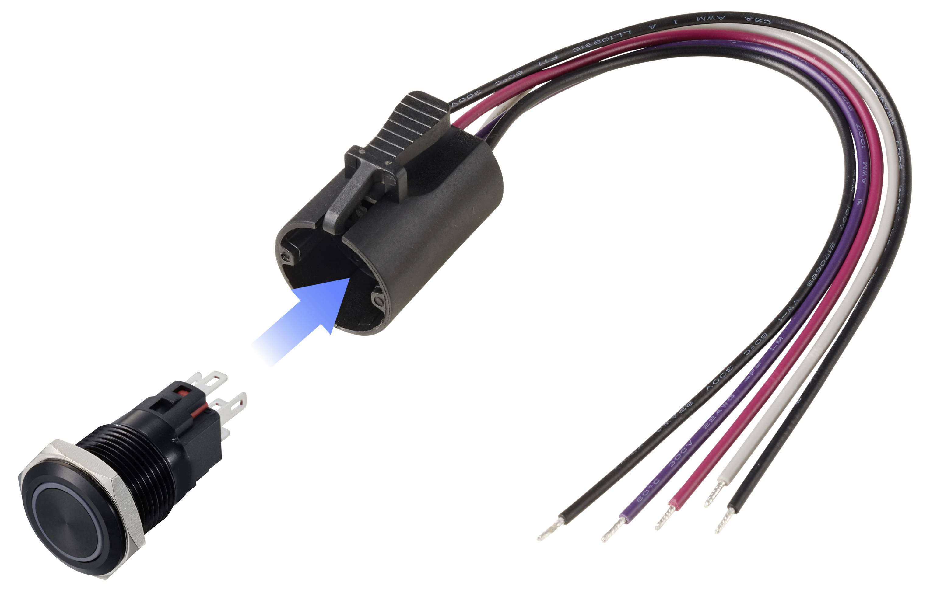 'Image shows a black push button switch near a quick-connect wiring harness with multicolored wires, highlighted by a blue arrow.'