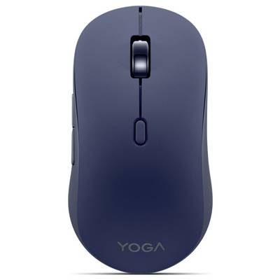 A dark blue wireless computer mouse with a scroll wheel and side buttons. The word 'YOGA' is printed at the bottom.