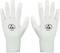 Two white ESD (Electrostatic Discharge) gloves with black ESD symbols printed on the backs, indicating static protection, on a white background.