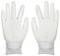Two white knitted work gloves, palms facing up, against a plain background.