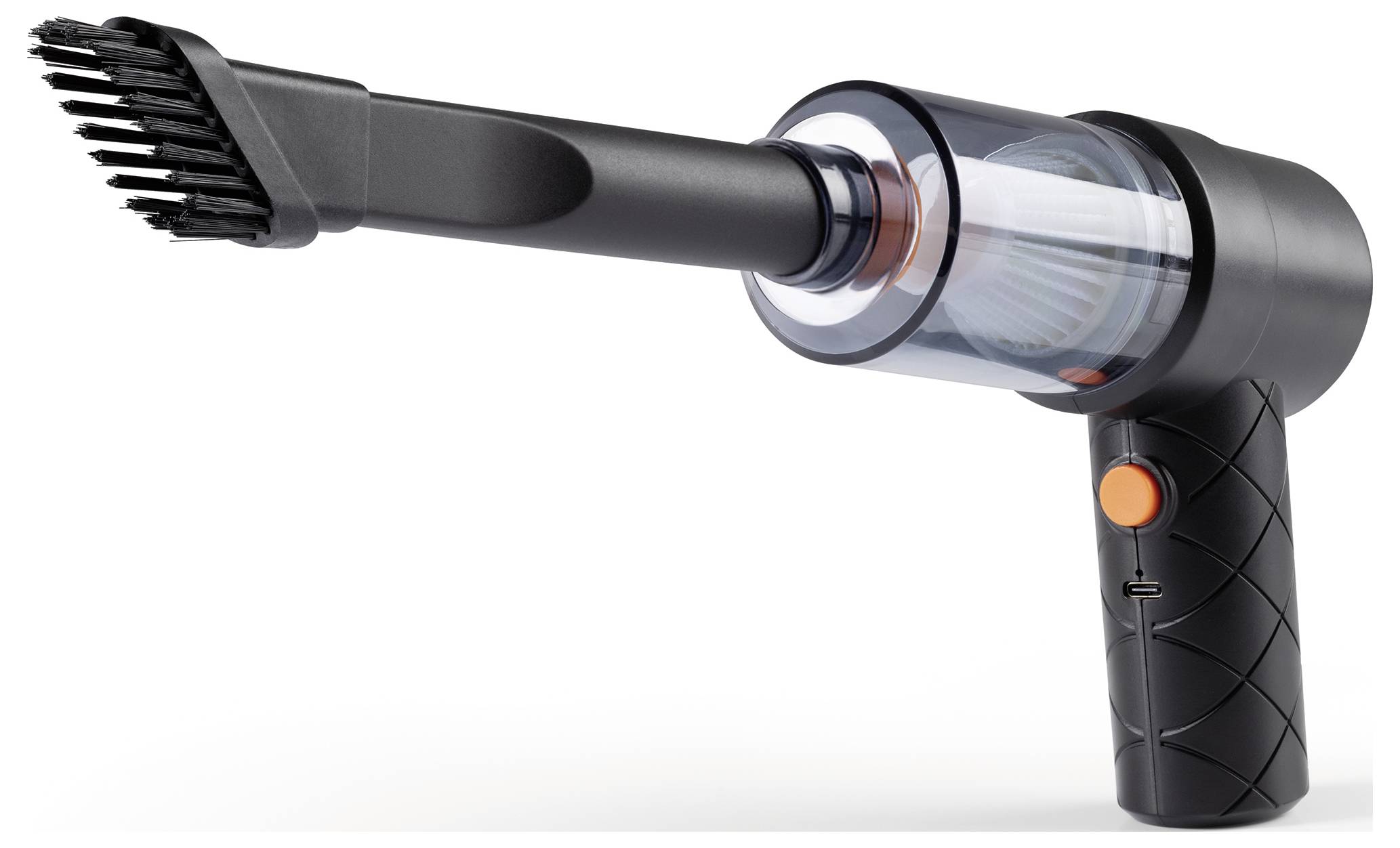 A handheld cordless vacuum cleaner with a clear dust container and brush attachment, designed for small messes and easy portability.