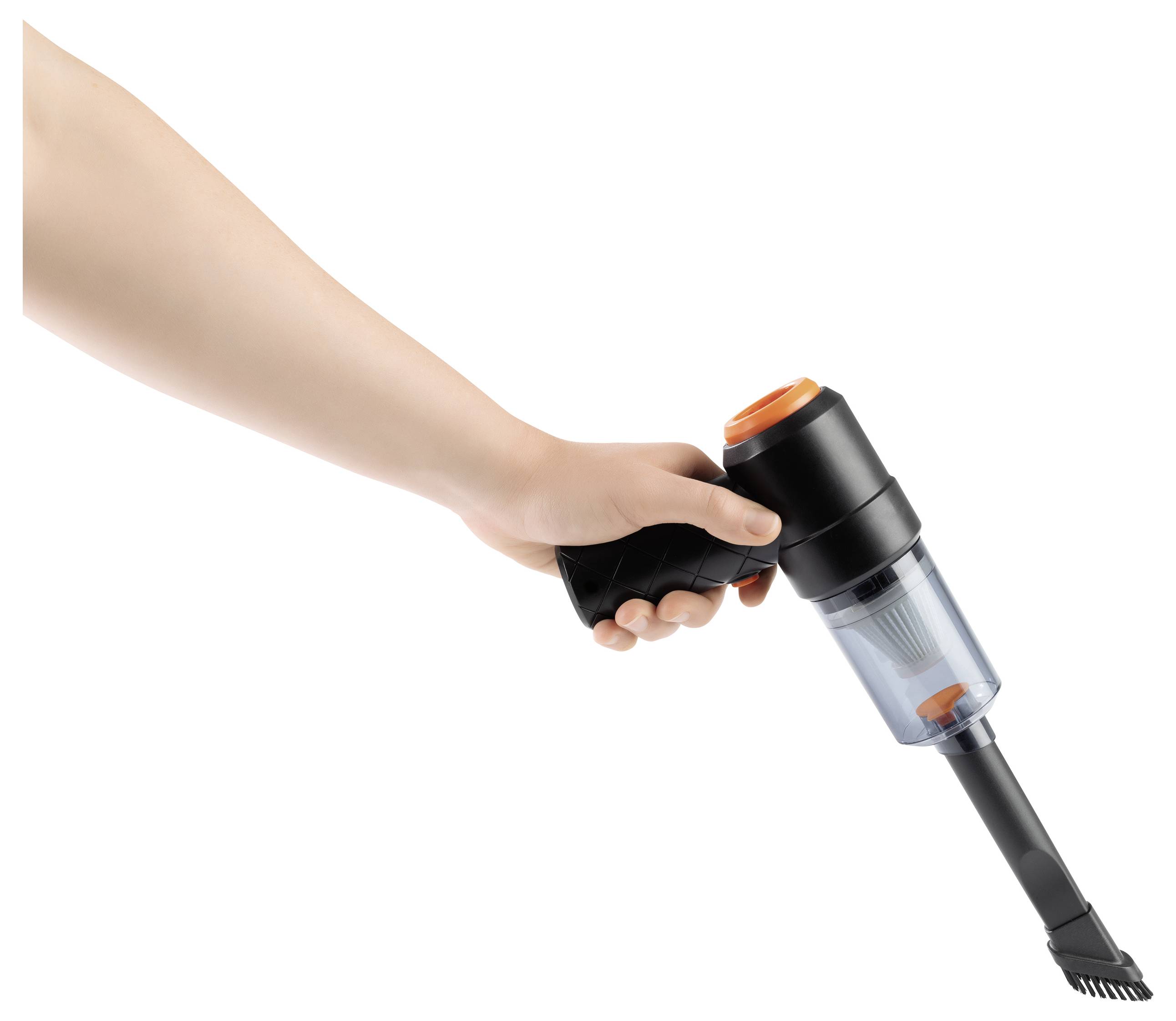 A hand holding a compact handheld vacuum cleaner with a transparent dust container and a narrow nozzle, angled for easy use.