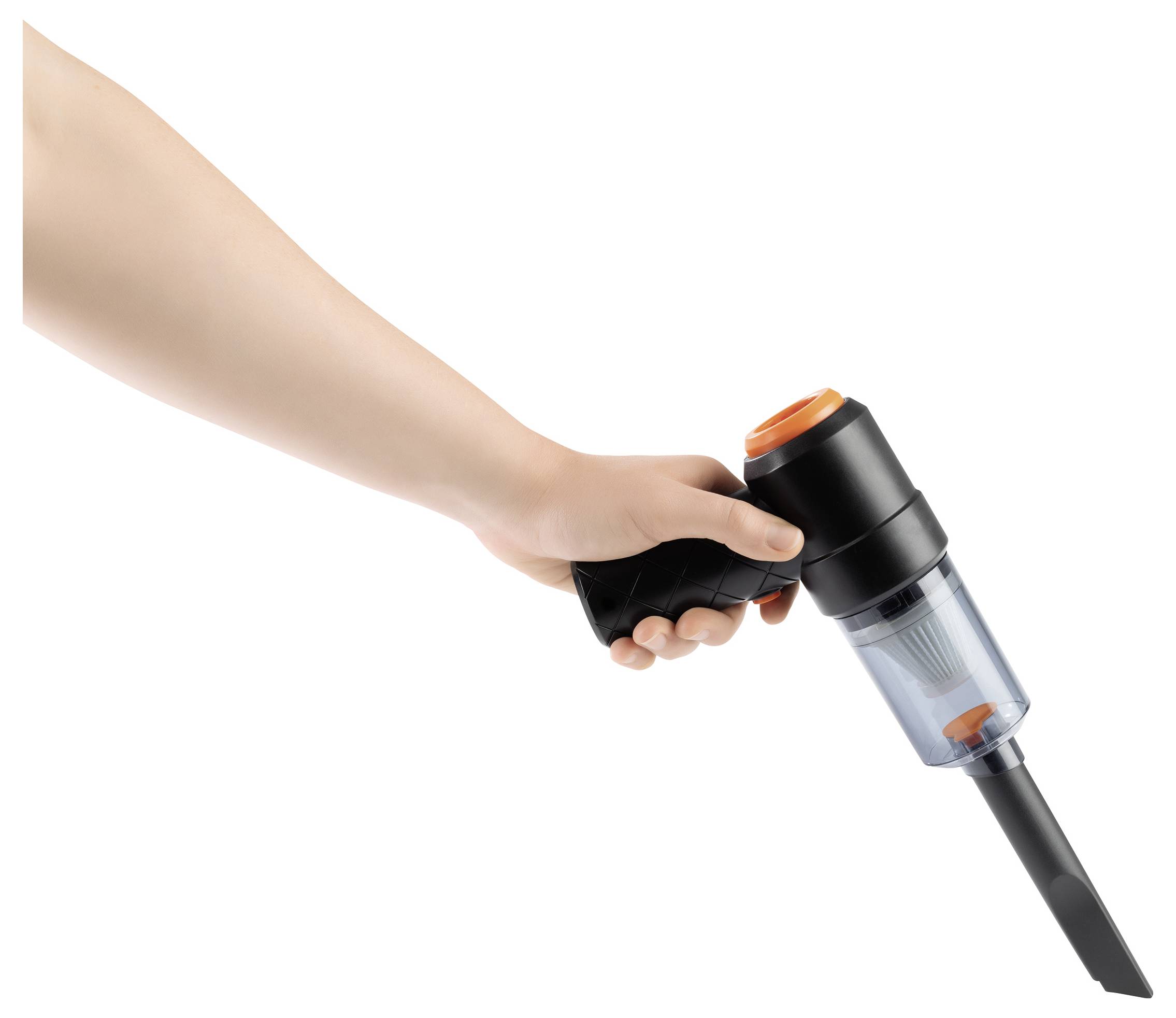 A hand holding a compact, cordless vacuum cleaner with a transparent dust compartment, showing the filtration system.