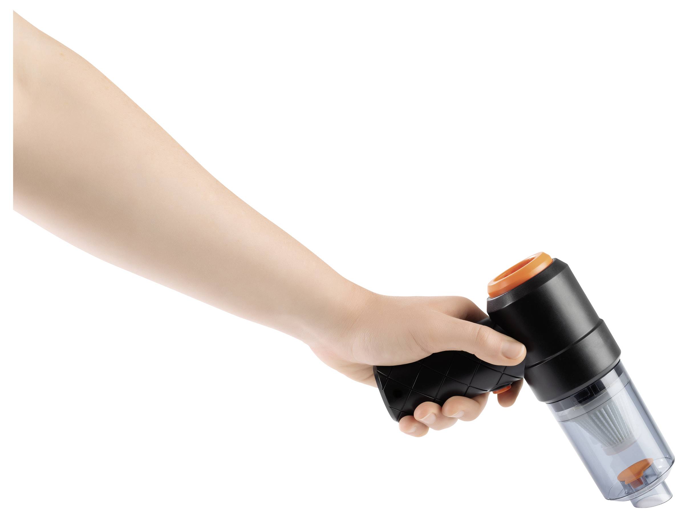 A person's hand holds a small black and orange vacuum cleaner, demonstrating its lightweight and ergonomic design.