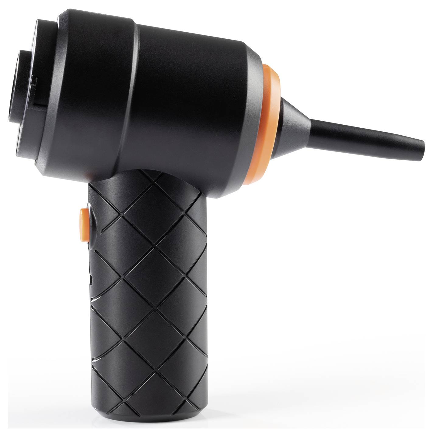 'Black and orange handheld air blower with a textured grip and nozzle, designed for cleaning dust from electronic devices and small areas.'