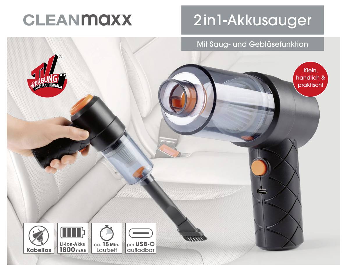 'CLEANmaxx cordless 2-in-1 battery vacuum, ideal for car seats. With suction and blower function. Compact, handy, practical.'