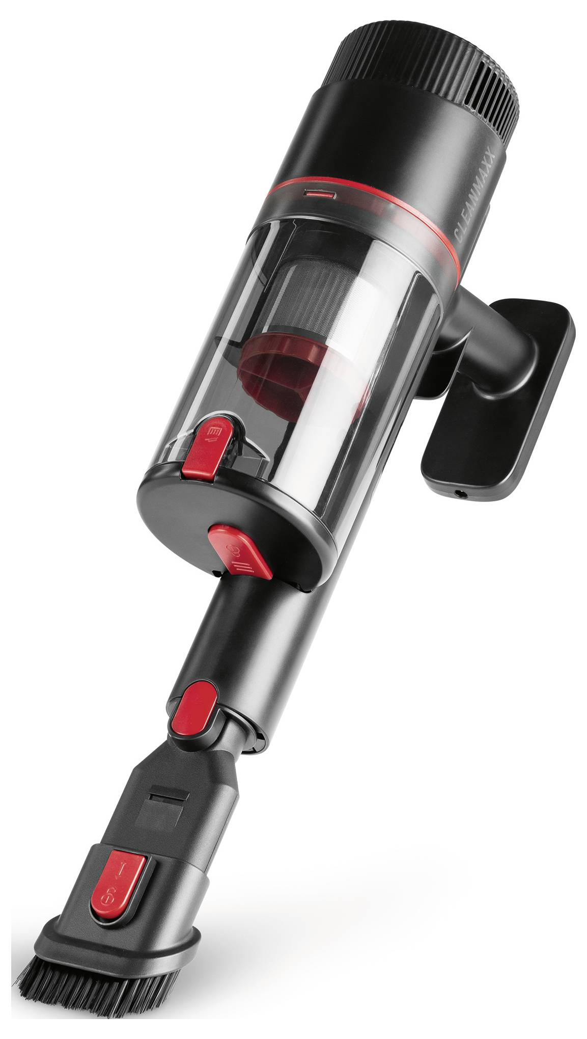 A black and red handheld vacuum cleaner with a transparent dust container, designed for portable and easy cleaning of small areas.