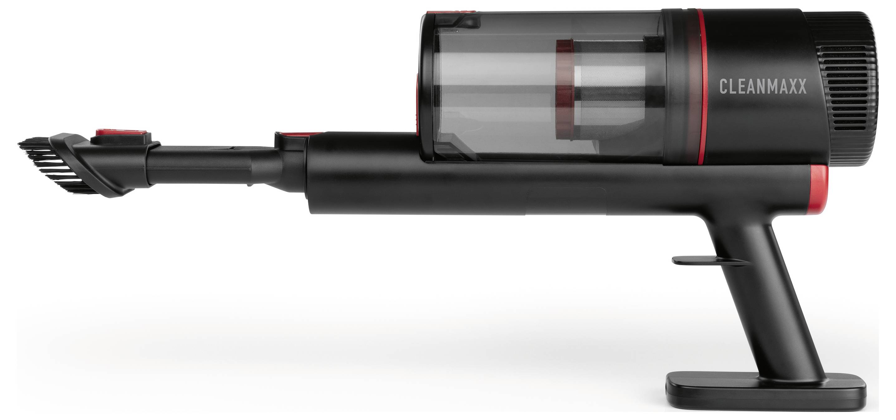'A handheld vacuum cleaner with a transparent dust container and a red-black color scheme labeled 'CLEANMAXX' on a white background.'