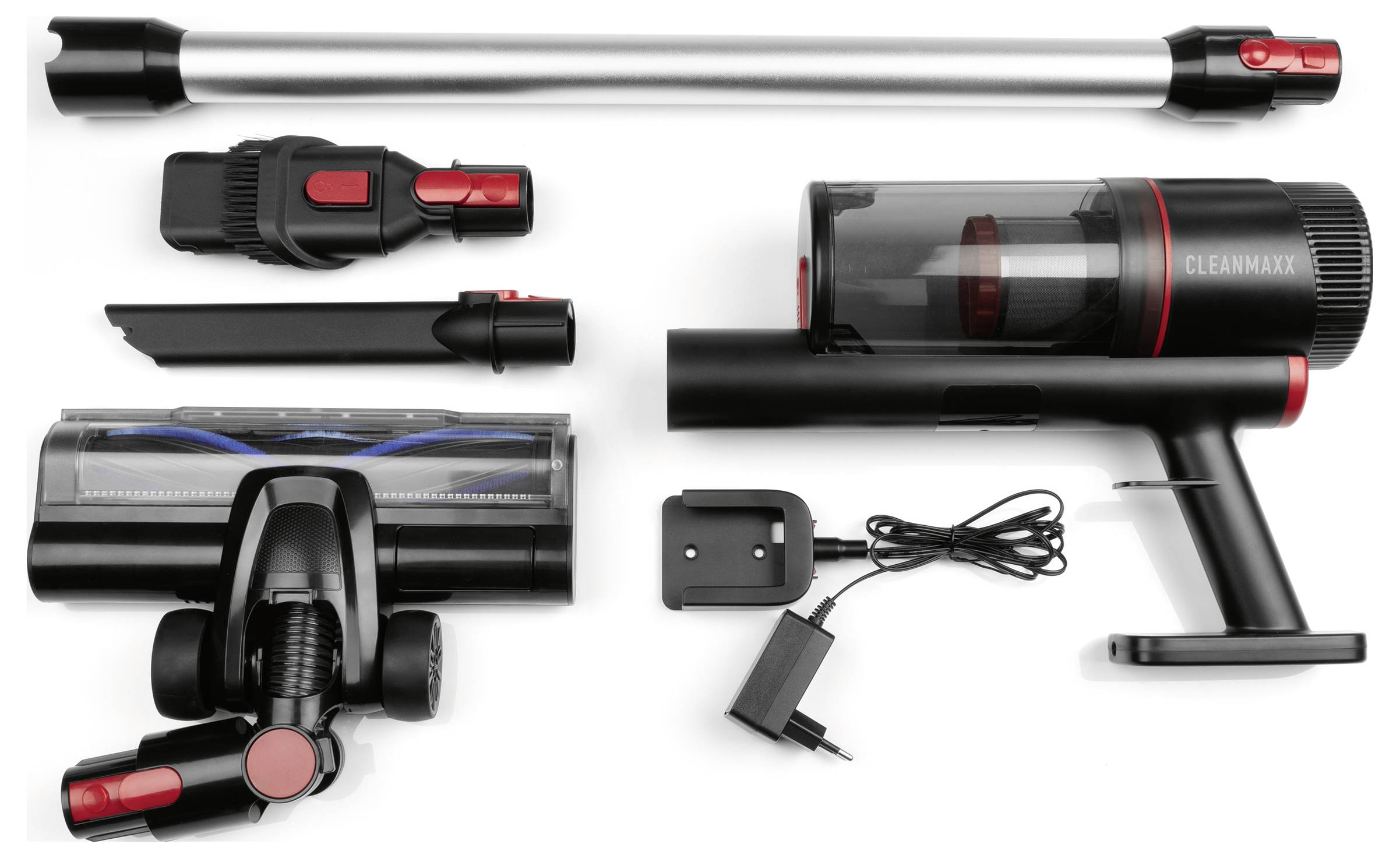 Cordless vacuum cleaner kit with attachments and charging adapter displayed, featuring a main unit, suction head, metal tube, and brushes.