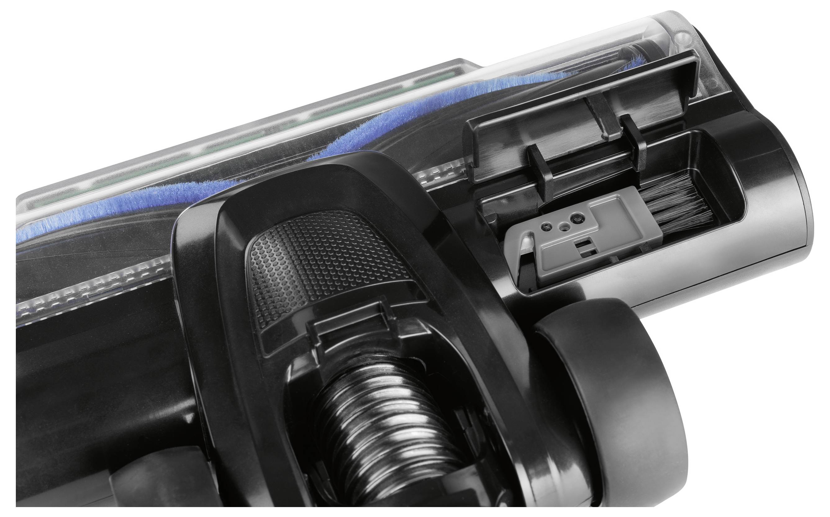 Close-up of a vacuum cleaner head featuring a brush and nozzle, highlighting the cleaning mechanism and design for effective dust removal.