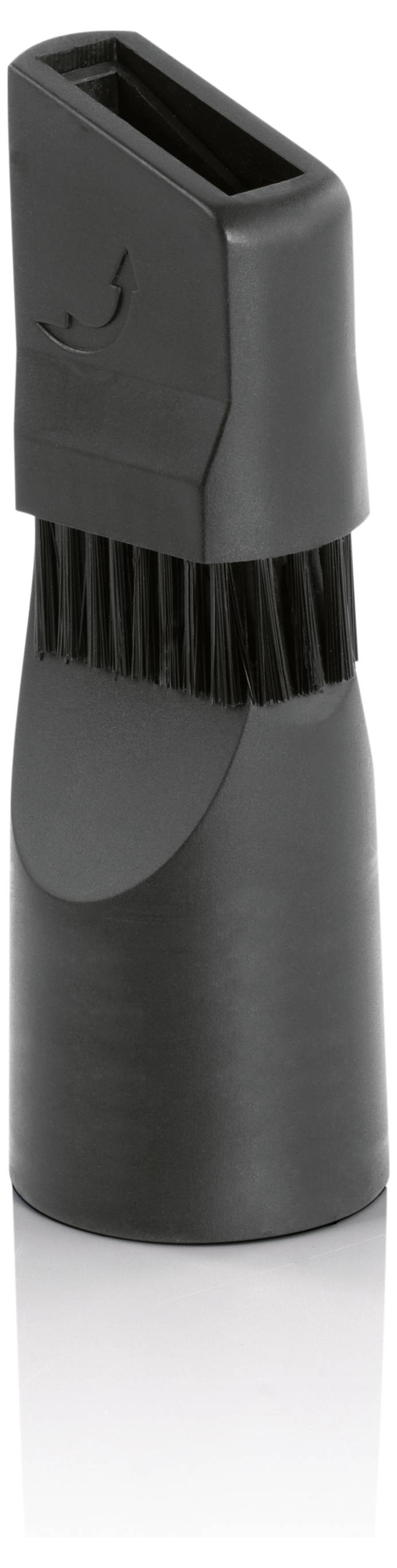 A black vacuum cleaner brush attachment with bristles and an angular design, used for cleaning surfaces and reaching crevices.