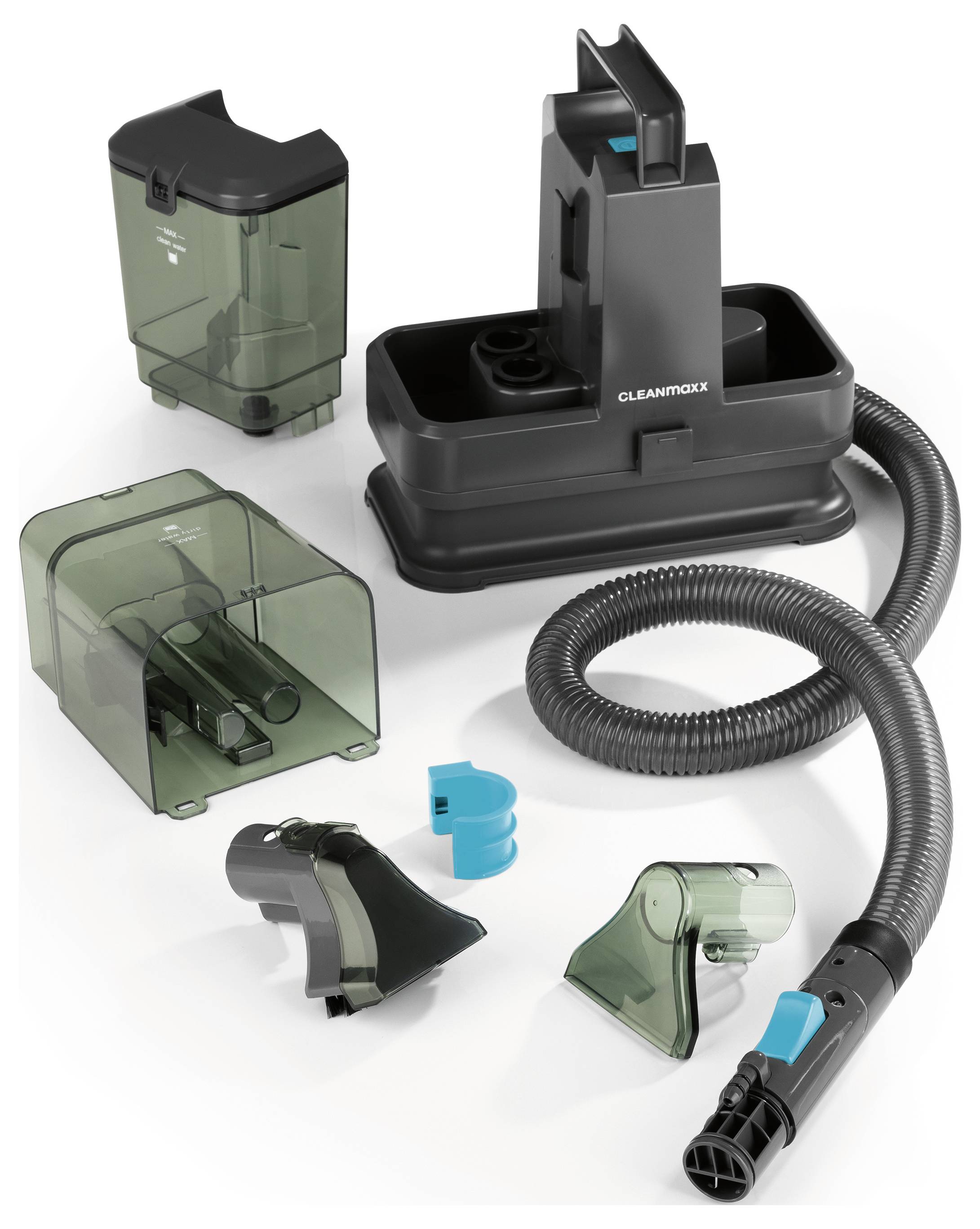Vacuum cleaner accessory set with various attachments and containers, designed for versatile cleaning tasks.