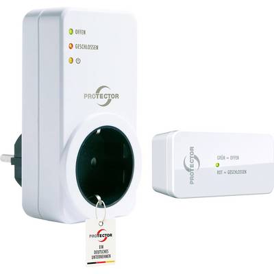 A white electronic plug with a key inserted, displaying LEDs labeled 'Offen' (green) and 'Geschlossen' (red) indicating lock status.