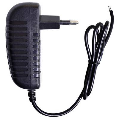A black power adapter with a two-prong plug and a long black cable. The cable ends with exposed wires for electrical connections.