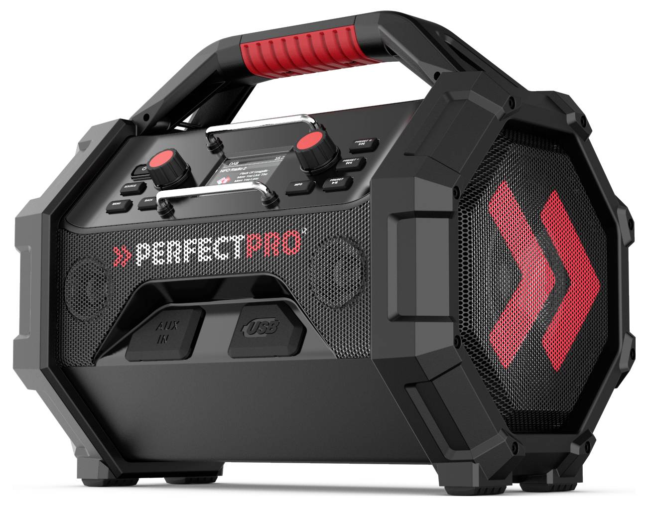 Portable black and red Bluetooth speaker with a handle, featuring control knobs, buttons, and a USB port for connectivity and audio control.