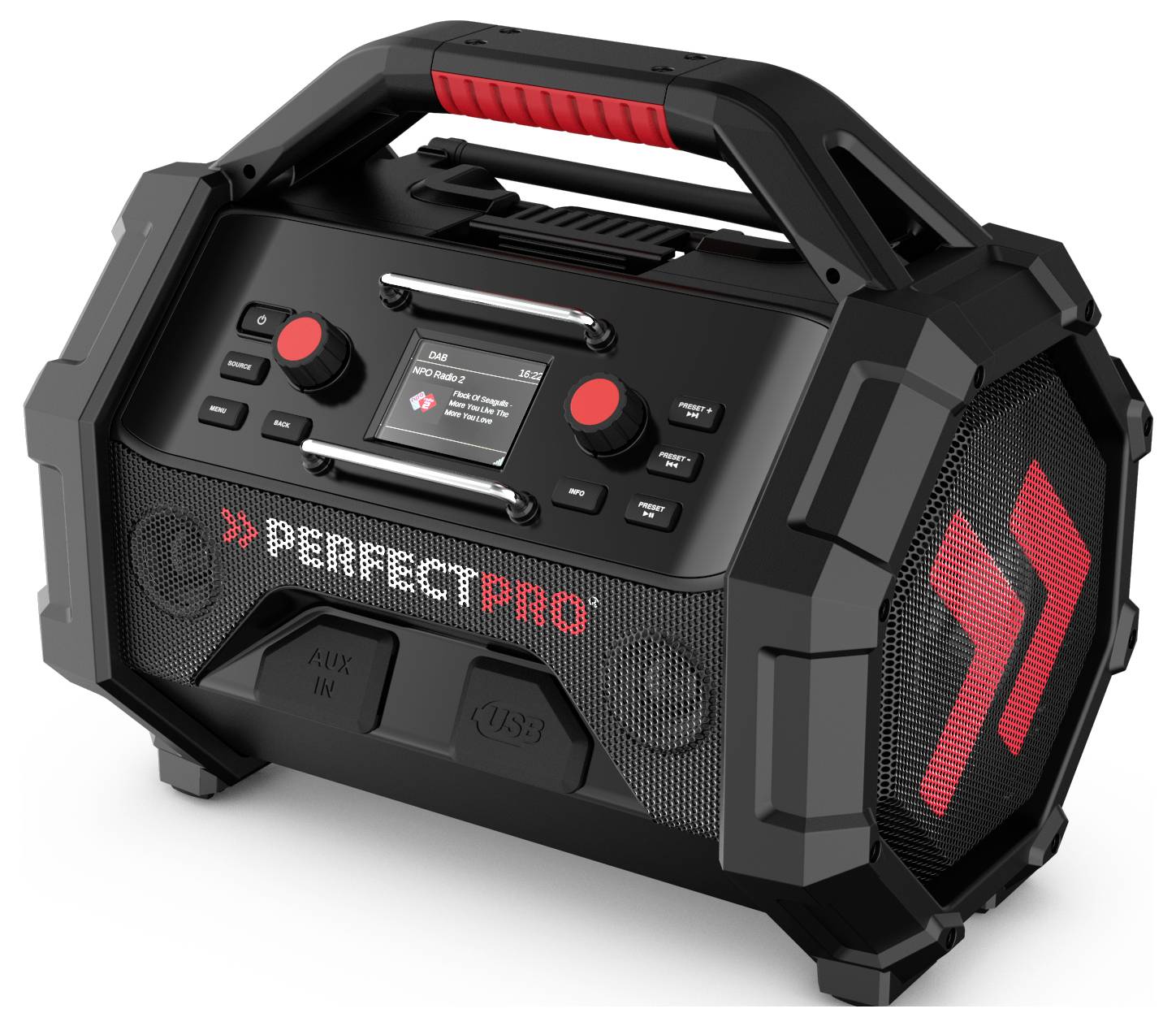 Portable black and red audio player with a handle, showing control buttons, a display, and branding 'PerfectPro'.