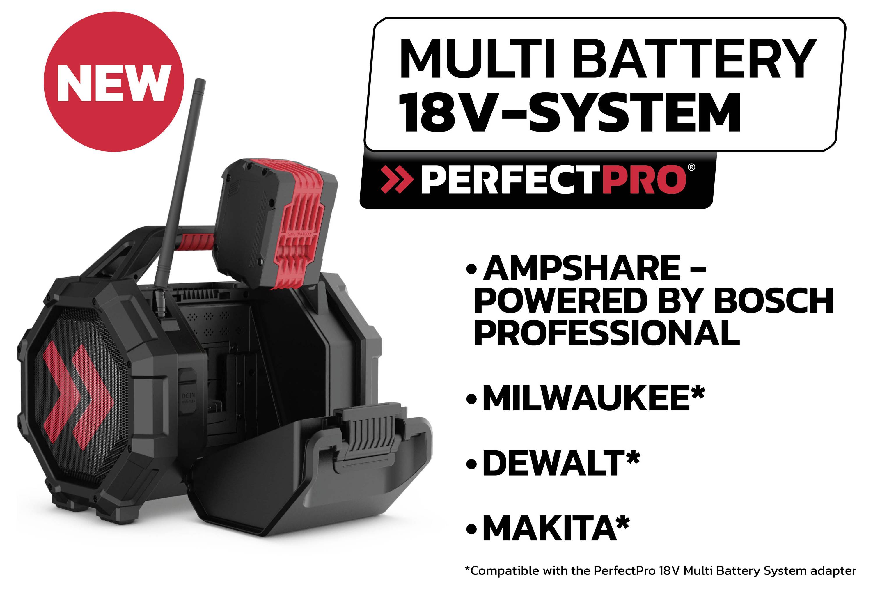 'Multi Battery 18V-System' by PerfectPro, featuring compatibility with AmpShare, Bosch Professional, Milwaukee, DeWalt, Makita.