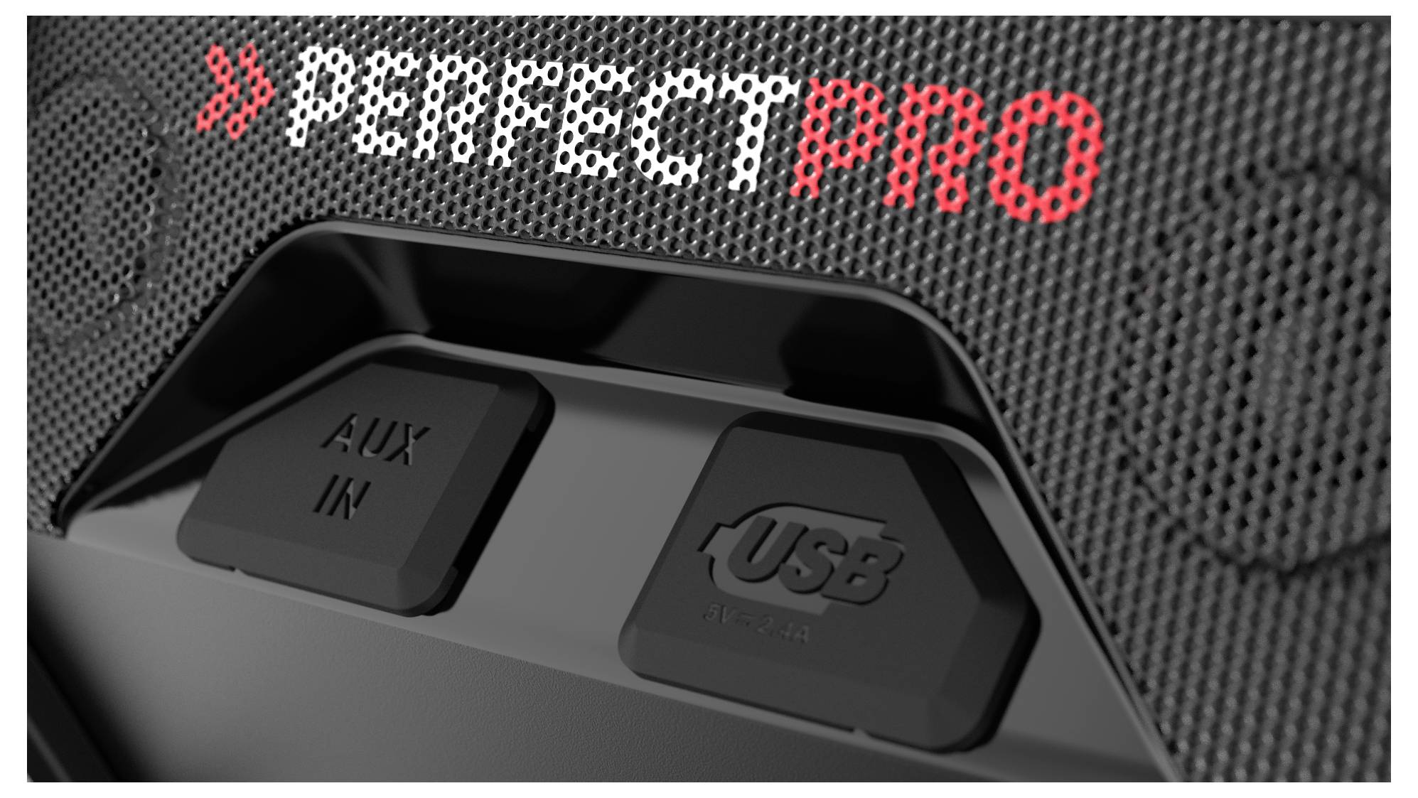 Black speaker with red and white 'PerfectPro' logo above it, featuring visible AUX IN and USB ports.