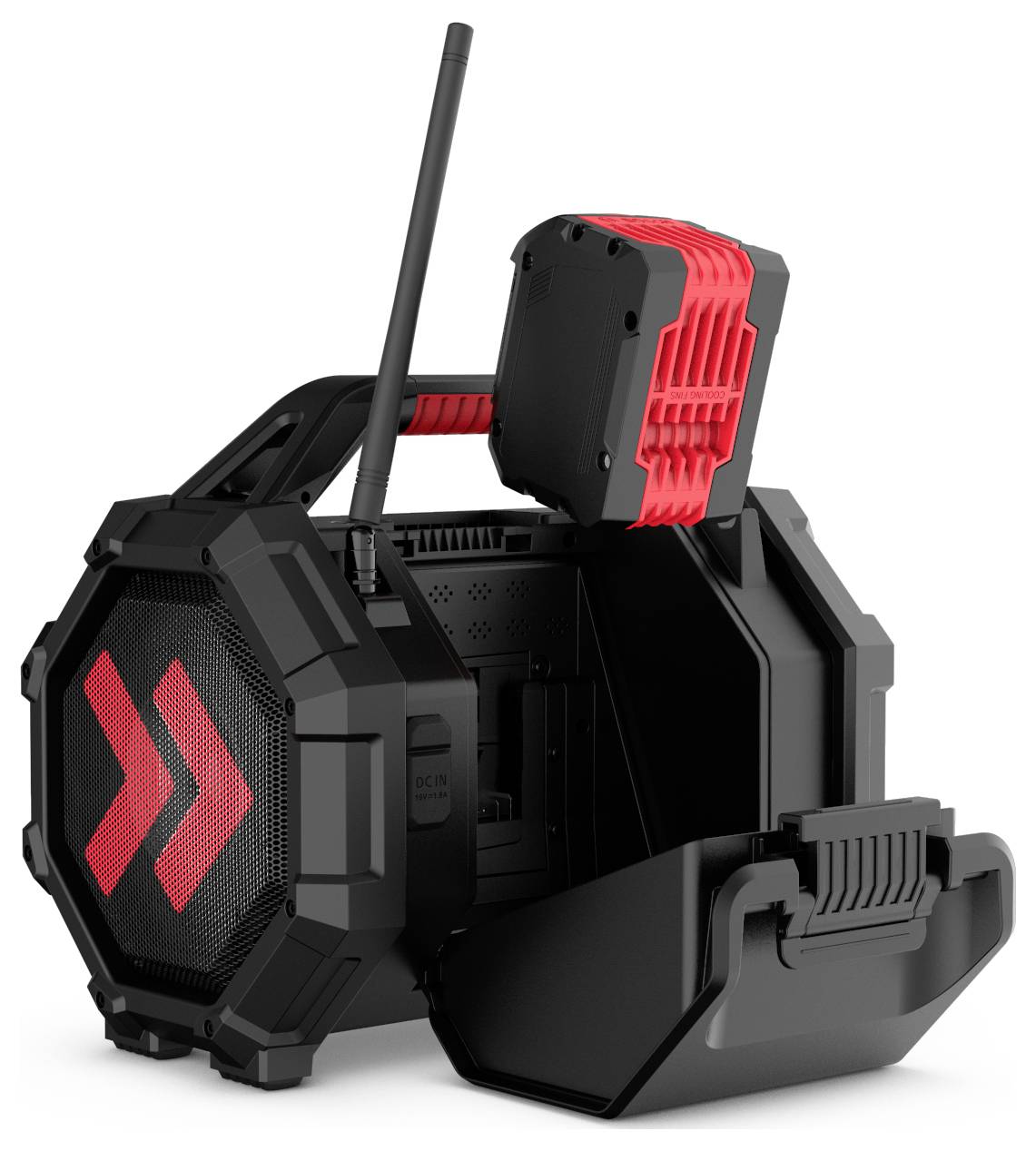 Portable black and red radio with large speaker, handle, antenna, and detachable battery, designed for rugged use in outdoor settings.
