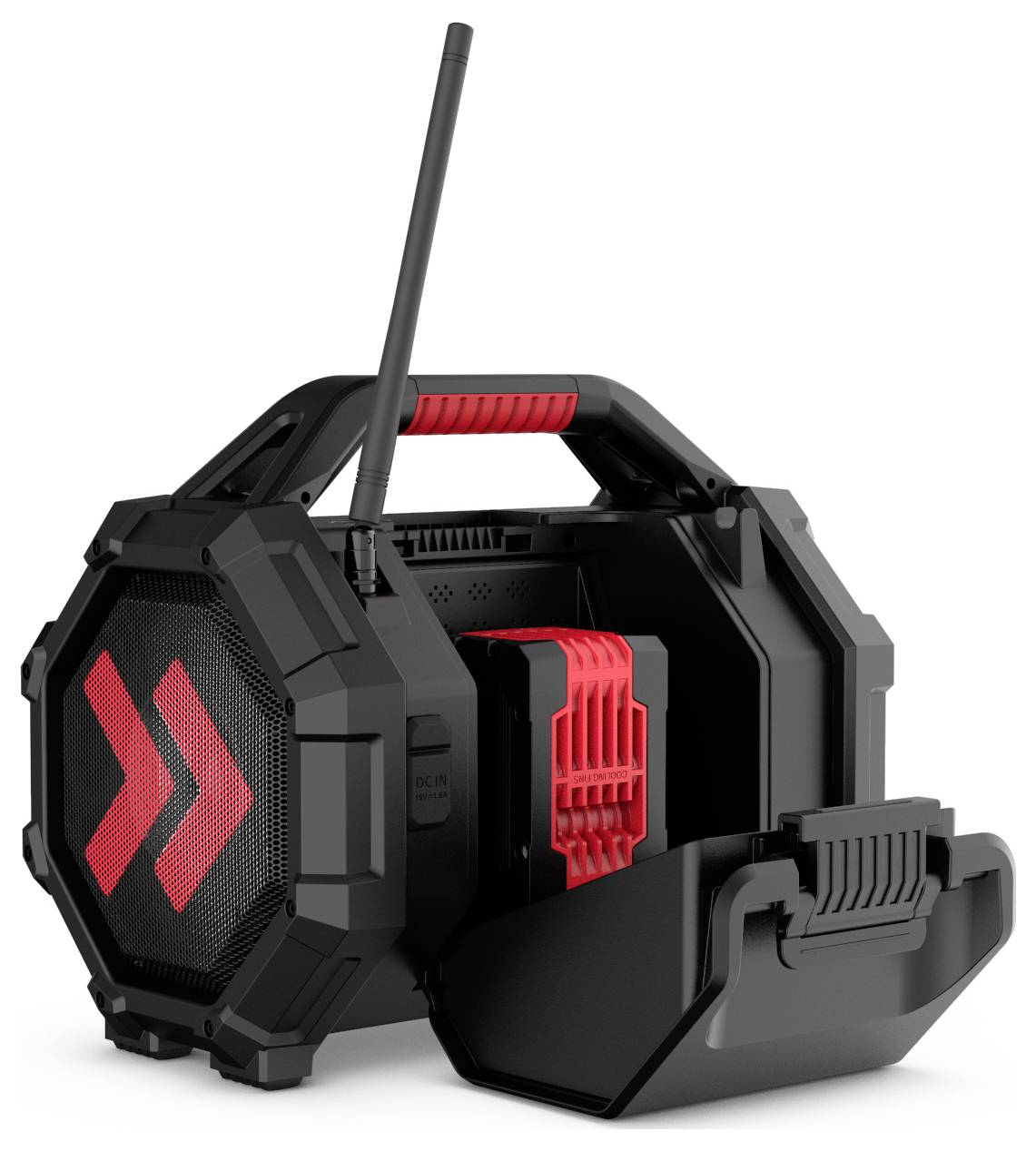 A portable black and red radio with a handle and an antenna, featuring a rugged design and a storage compartment on the bottom.