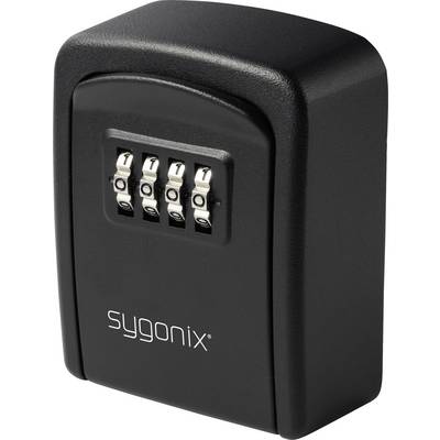 Black Sygonix combination key lock box with four number dials on the front.