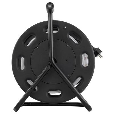 Black cable reel with handle and power cord plug, shown on a white background.