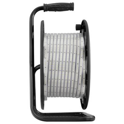 Black portable reel holding a coiled LED light strip with a handle, shown on a white background.
