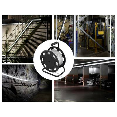 Portable retractable cable reel centered in a collage of industrial and underground locations: stairs, factory equipment, tunnel, and parking garage.