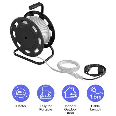 Portable LED rope light on a reel with 1 meter of light, suitable for indoor/outdoor use, and a 1.5 m cable; icons note 1000 lumens and easy portability.