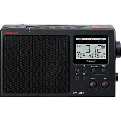 A digital radio displaying 'DAB', '3:12 PM', and 'Top Hits'. It features FM/AM bands, Bluetooth, and tone control knobs on the front panel.