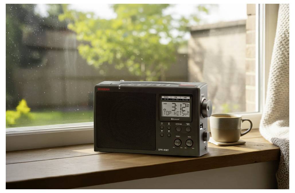 A black radio sits on a windowsill next to a mug, with a garden view outside. The radio display shows '3:12 PM' and 'Top 40 Hits.'