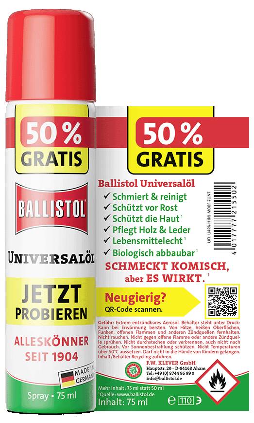 A can and packaging of Ballistol Universal Oil with red and yellow labeling. Highlights include '50% GRATIS', cleaning, and protection uses.