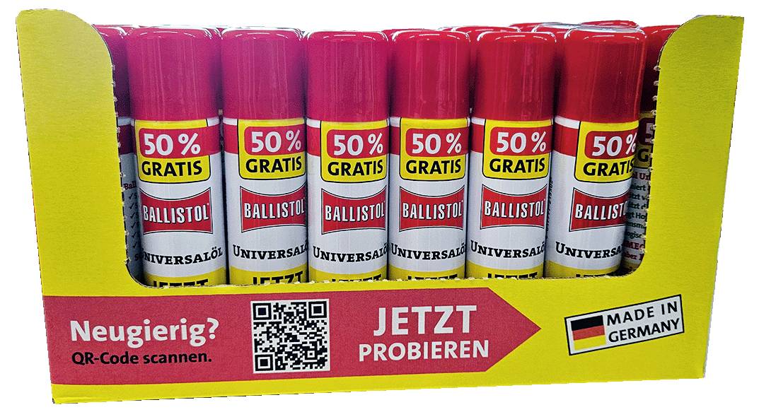Display of red-lid 'Ballistol' oil spray cans with '50% Gratis' banners. Box labeled 'Jetzt probieren' and 'Made in Germany'. QR code present.
