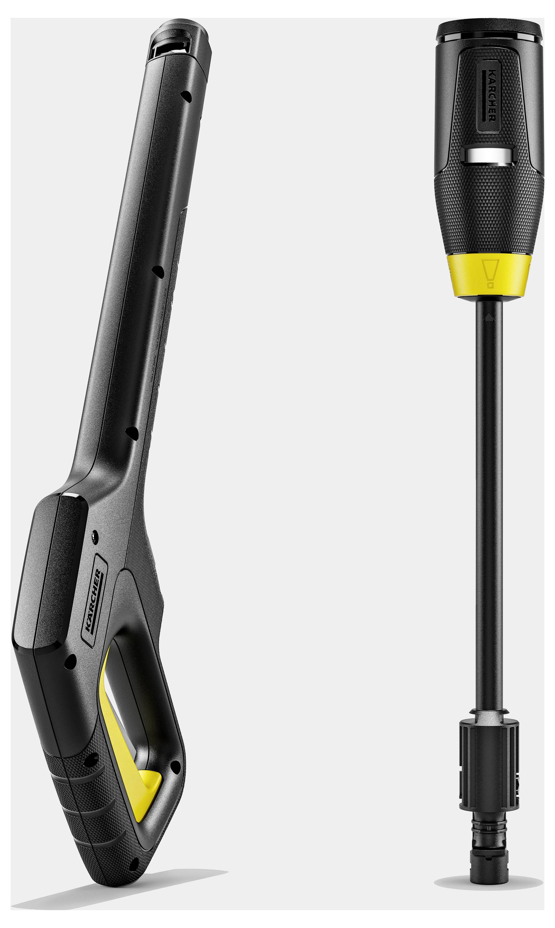 A black and yellow high-pressure spray gun with a detachable nozzle, used for cleaning.