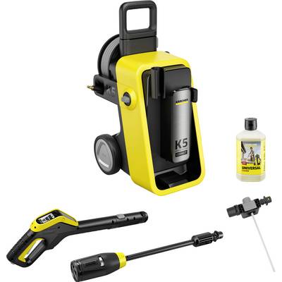 Yellow pressure washer with wheels and K5 label. Includes a spray wand, nozzle, and detergent bottle. Suitable for cleaning tasks.