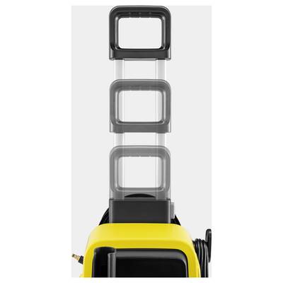 'Close-up of the handle of a yellow power washer, showing its telescopic extension with three sections.'