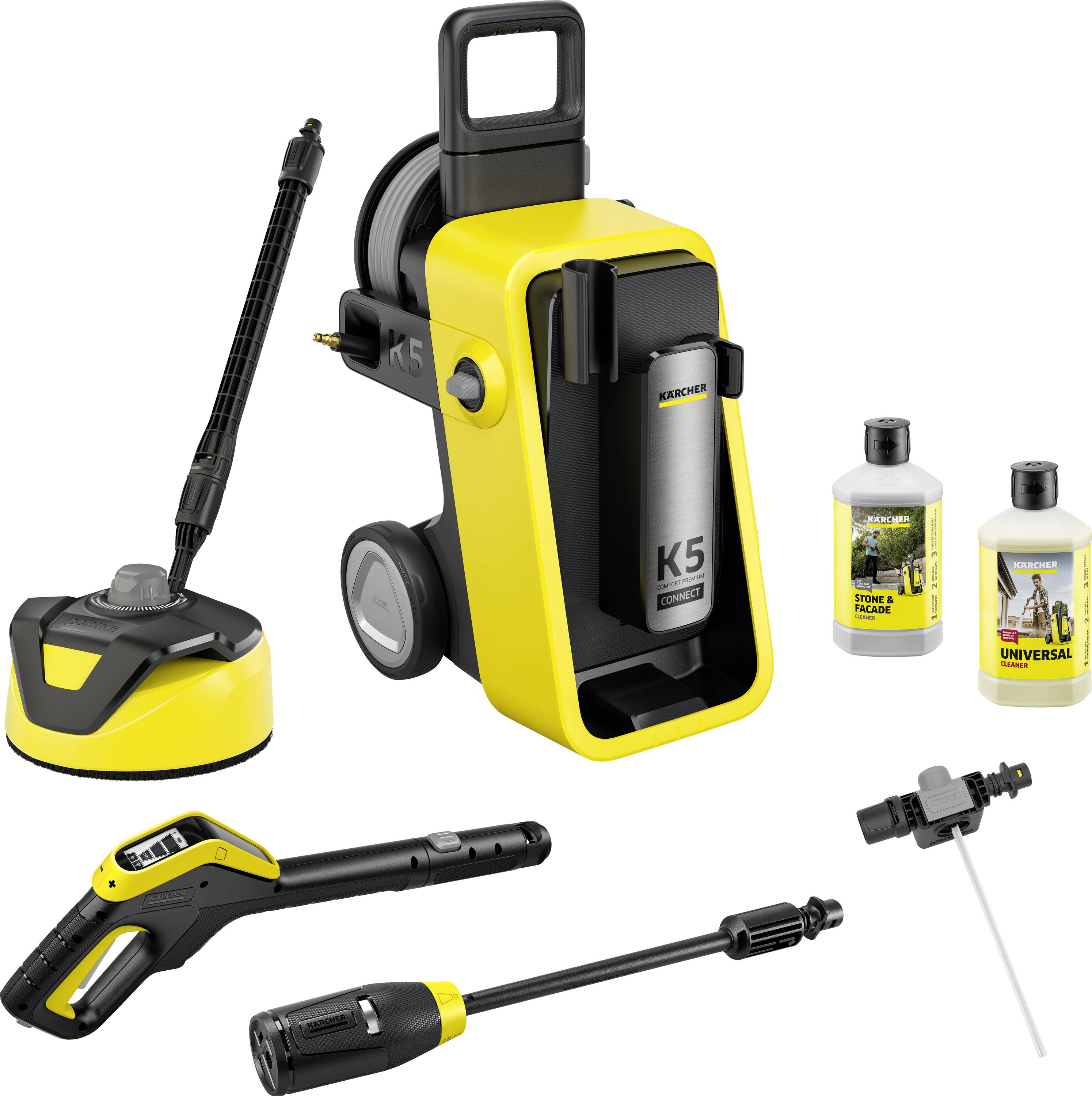 'Kärcher K5' pressure washer set, including spray gun, two bottles of cleaning solution, a pressure washer surface cleaner, and accessories.