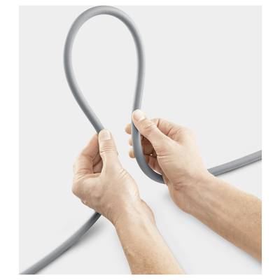 Two hands holding a flexible grey looped cord against a plain background, demonstrating how to form a loop in the cord.