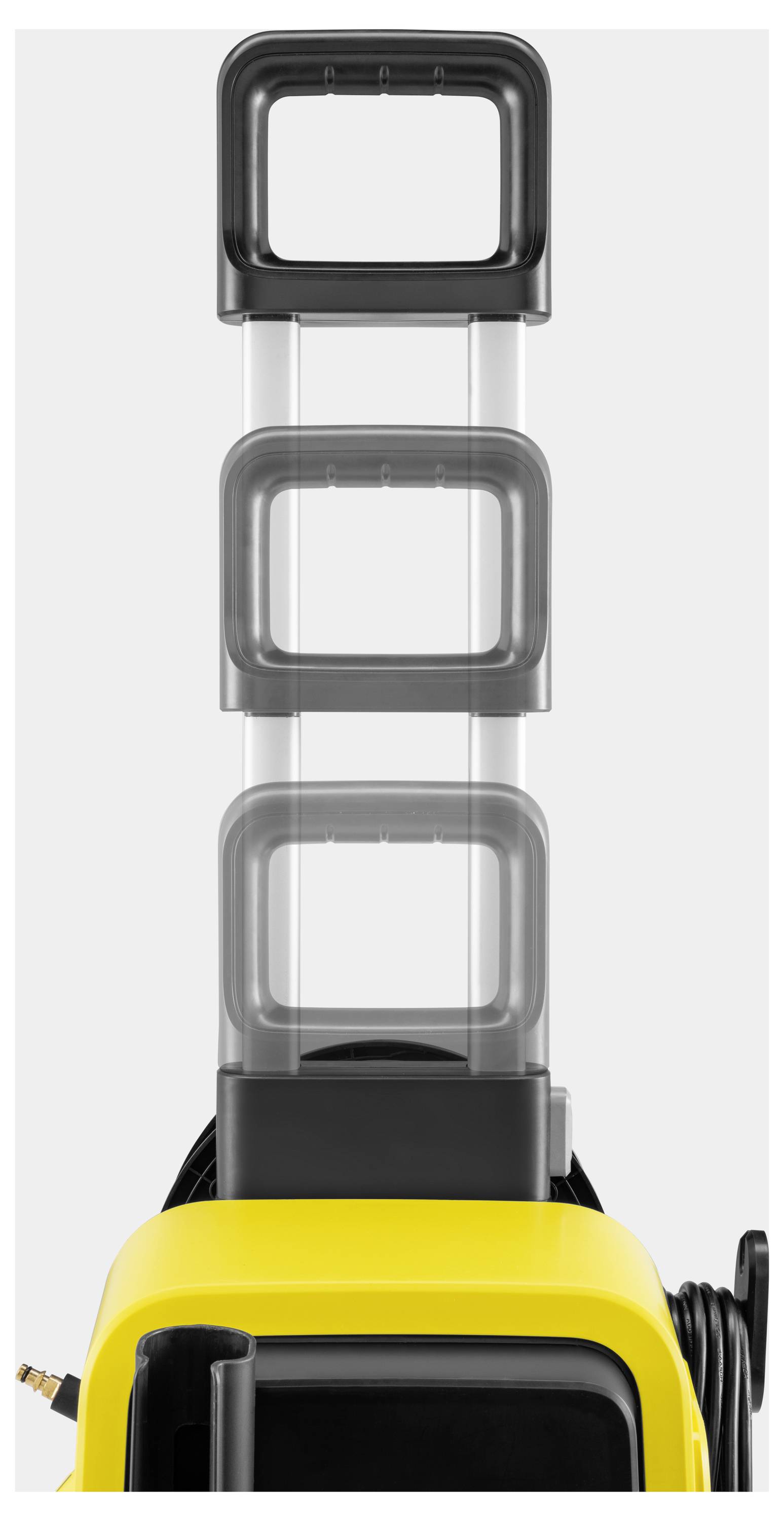 'A yellow and black telescopic handle from a wheeled suitcase extended to show three segments.'