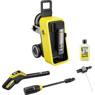 Kärcher K7 pressure washer with hose reel, spray gun, lance, and detergent bottle shown as a product set.<br>