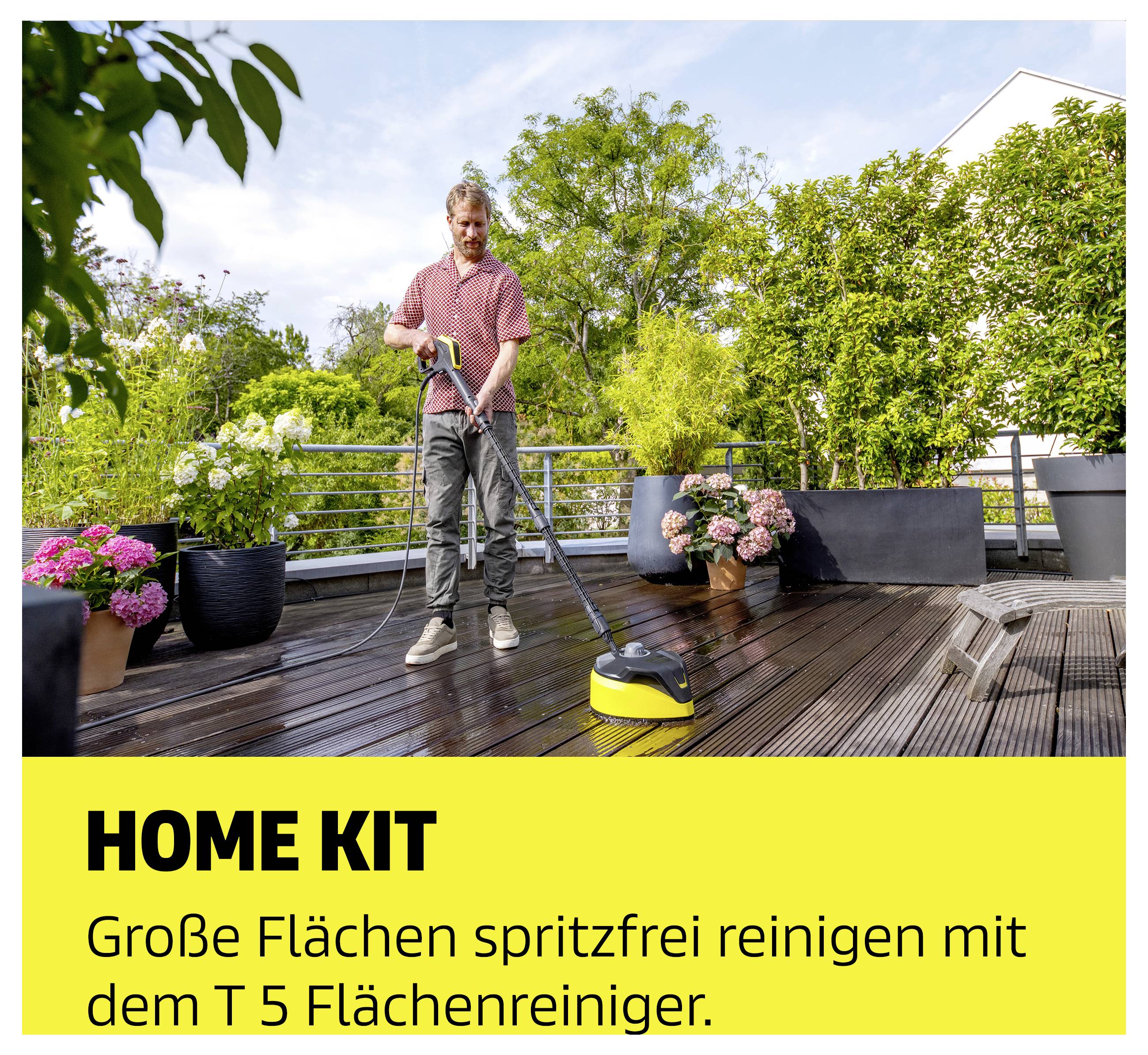 Man cleaning a wooden terrace with a surface cleaner; advertising banner with text 'HOME KIT' and 'Clean large areas without spray using the T 5 surface cleaner.'