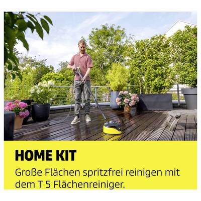 Man cleaning a wooden terrace with a surface cleaner; advertising banner with text 'HOME KIT' and 'Clean large areas without spray using the T 5 surface cleaner.'