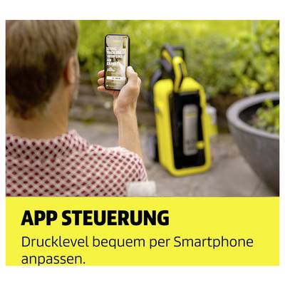 Pressure washer handle and lance with yellow accents, featuring adjustable settings for different cleaning tasks.