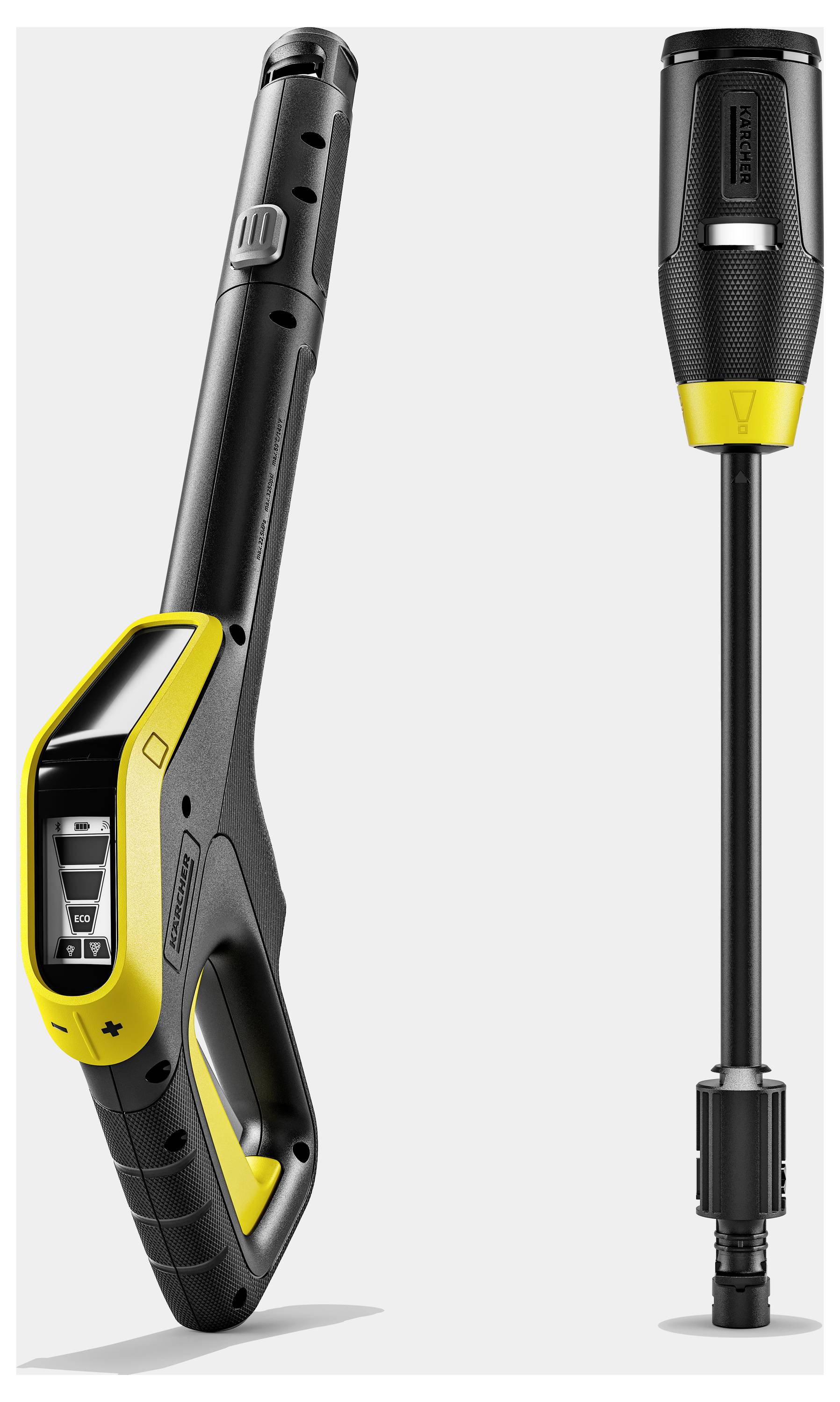 Pressure washer spray gun and lance, featuring a black and yellow design with control buttons on the handle for water flow adjustment.