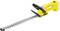 A yellow, cordless hedge trimmer with a long stainless steel blade and a black handle, designed for efficient garden maintenance.