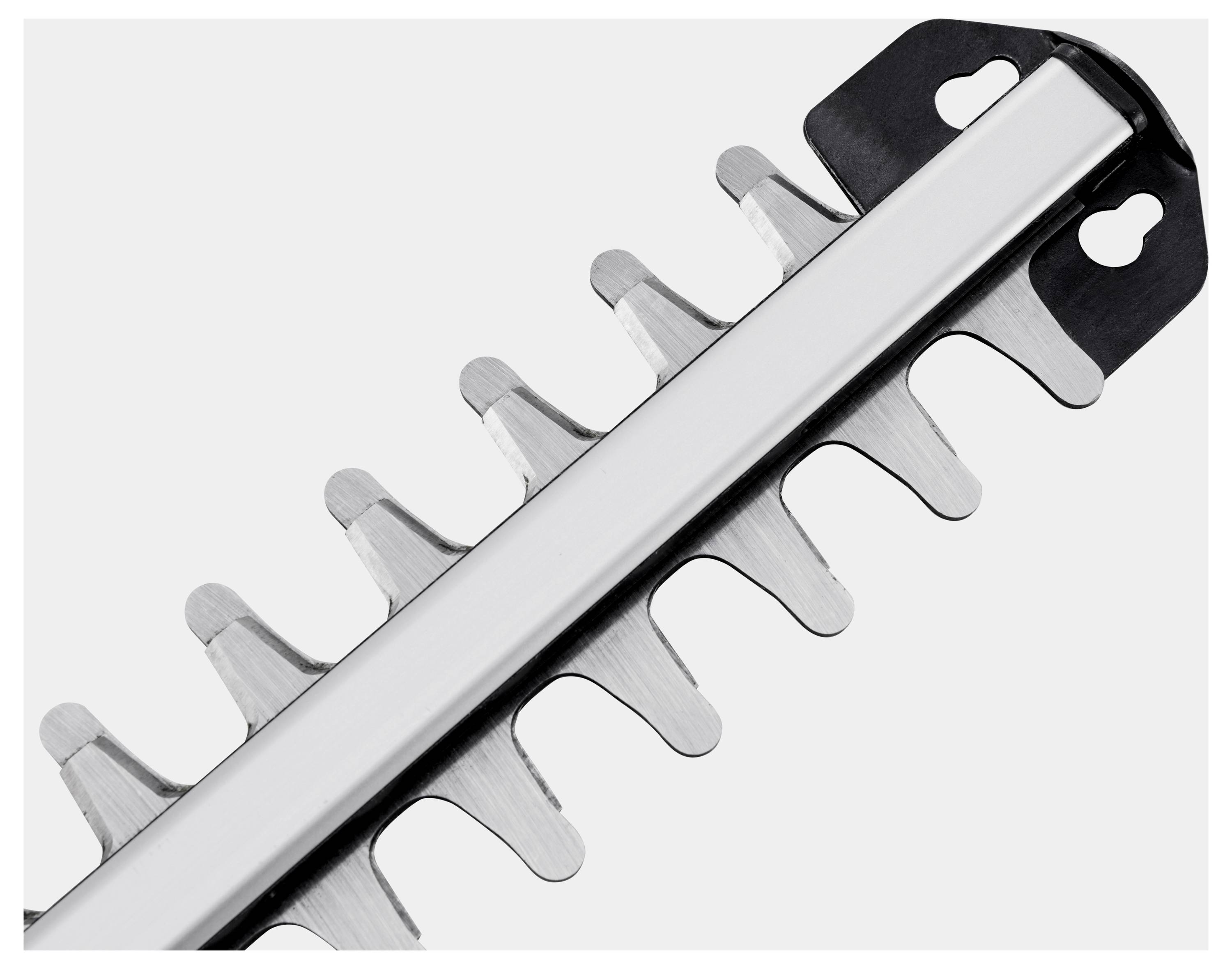 Close-up of a hedge trimmer blade with sharp metal teeth and a guard, used for trimming bushes and hedges effectively.