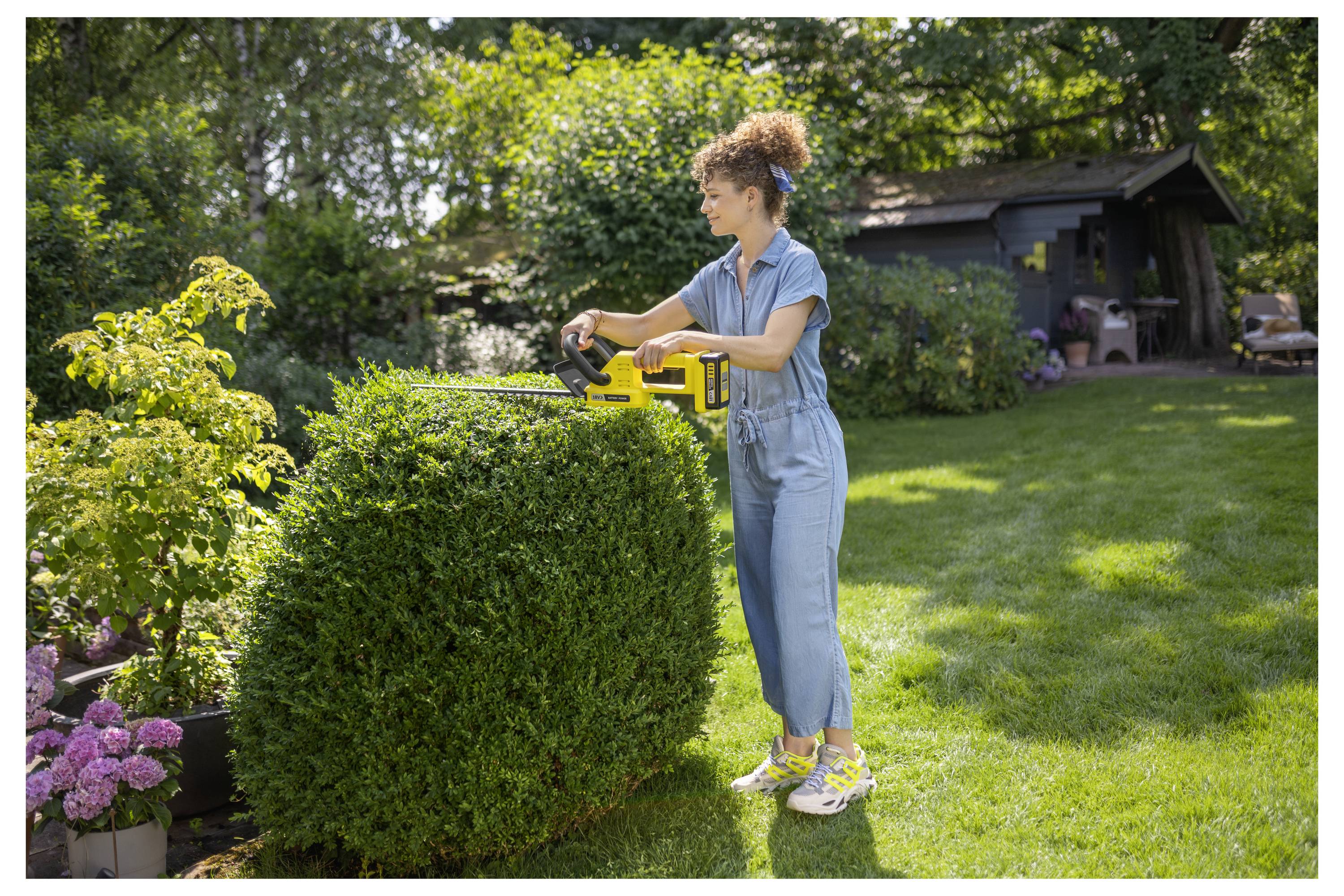 A woman in a light blue jumpsuit is trimming a large, green bush in a sunny garden, surrounded by various plants and flowers.