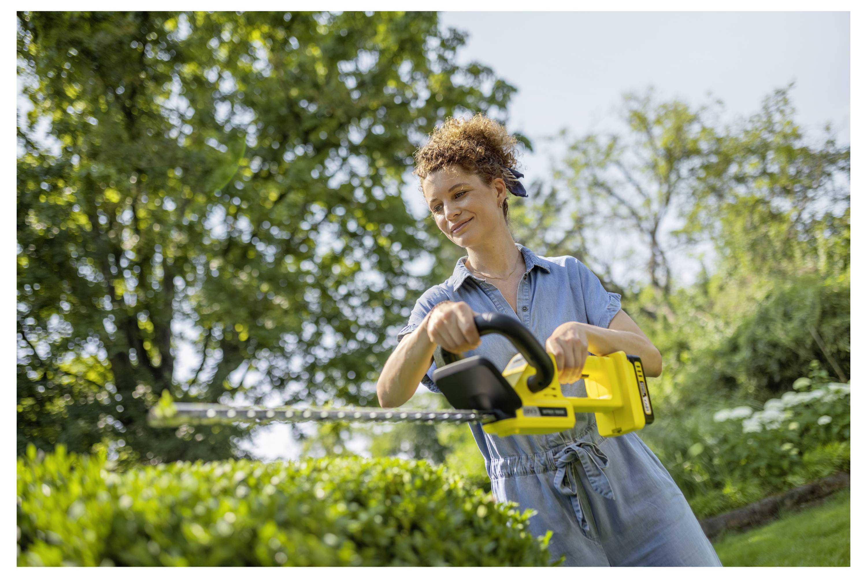 A person trimming hedges in a garden with an electric hedge trimmer on a sunny day, surrounded by lush greenery.